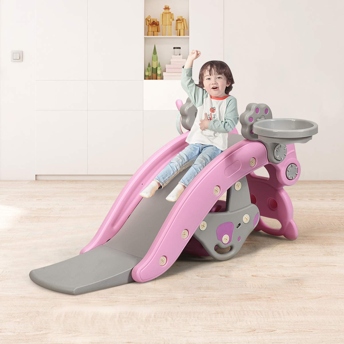 Tovimora™ 5-in-1 Kids Slide and Rocking Toy – Foldable Toddler Climber with Basketball Hoop and Ring Toss