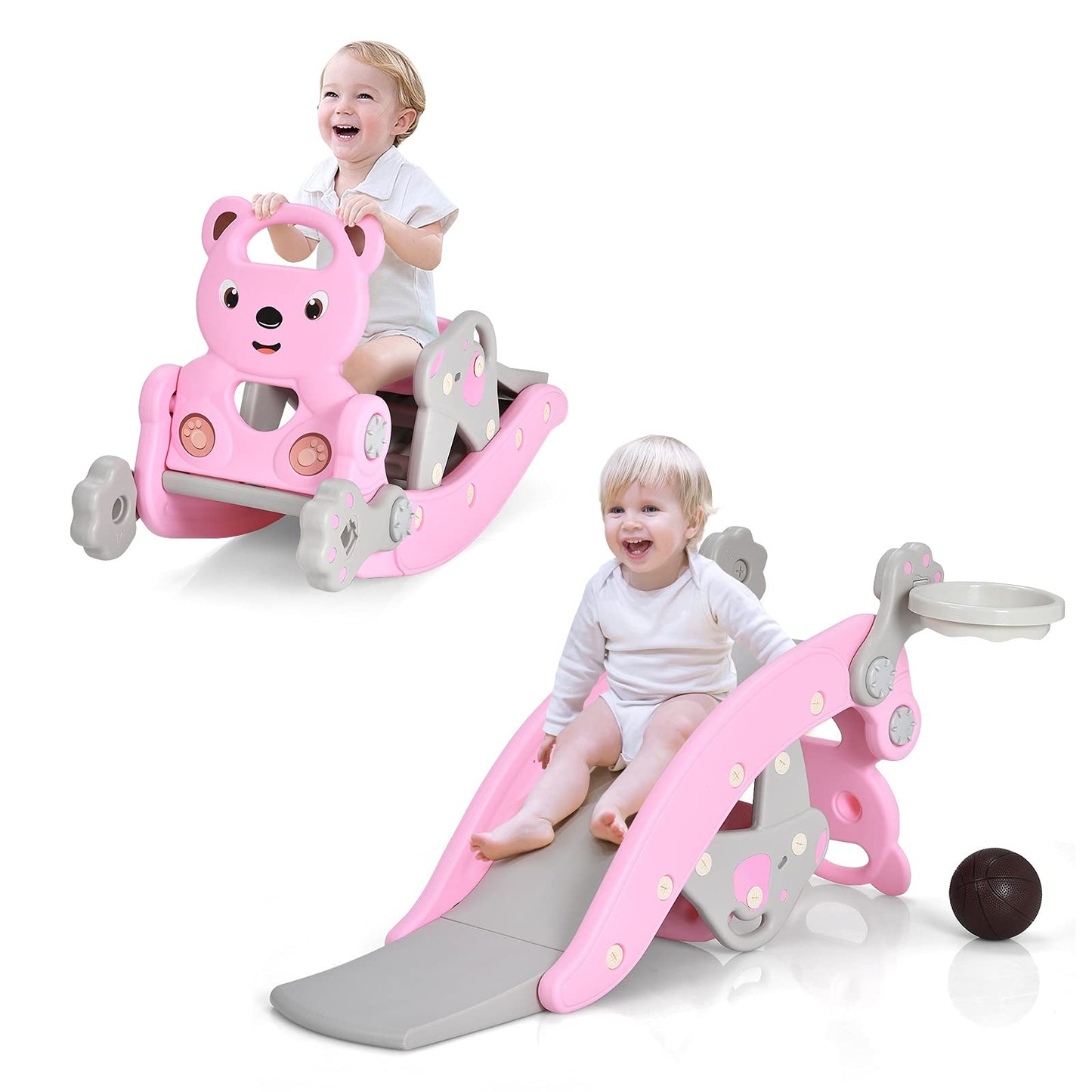 Tovimora™ 5-in-1 Kids Slide and Rocking Toy – Foldable Toddler Climber with Basketball Hoop and Ring Toss