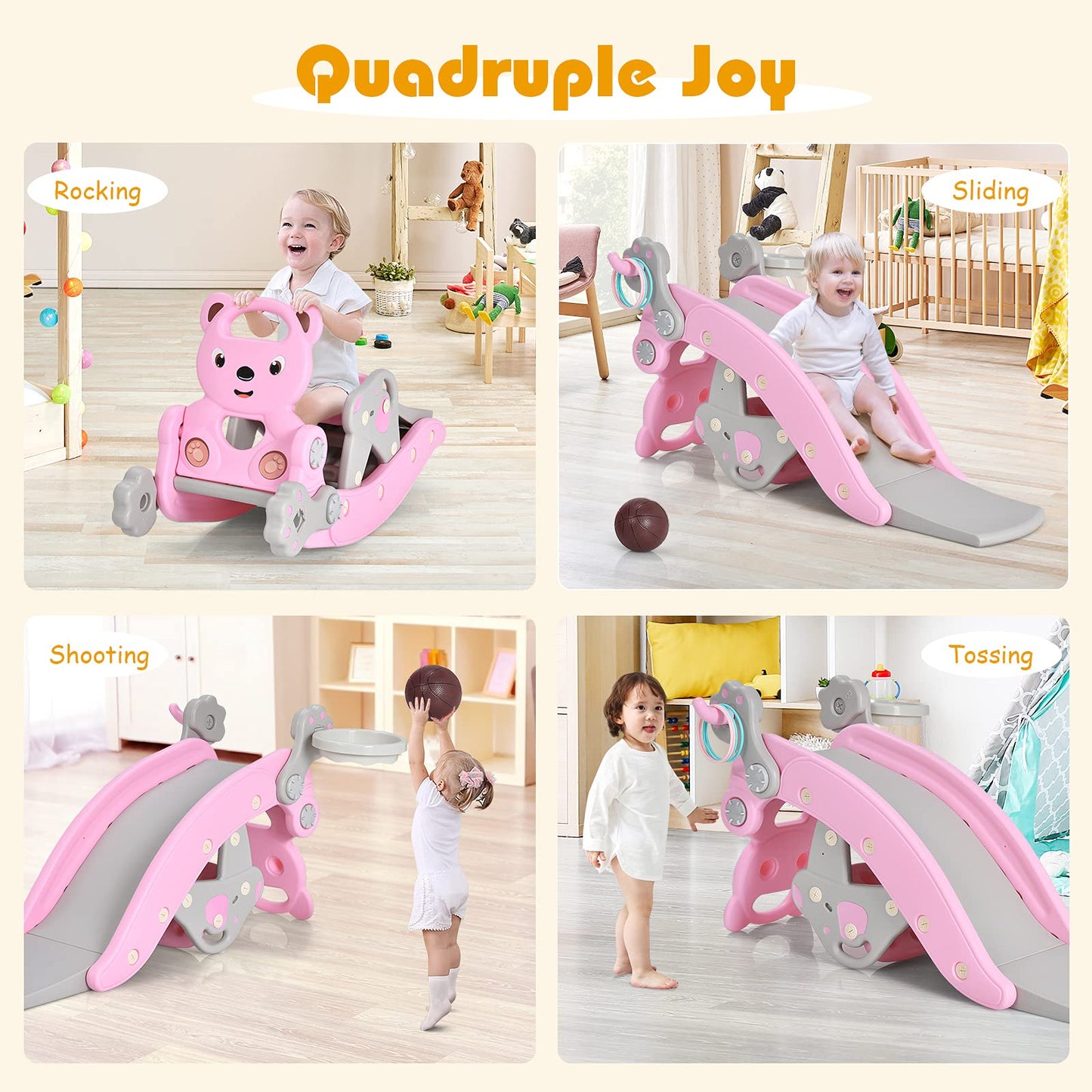 Tovimora™ 5-in-1 Kids Slide and Rocking Toy – Foldable Toddler Climber with Basketball Hoop and Ring Toss