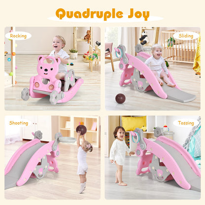 Tovimora™ 5-in-1 Kids Slide and Rocking Toy – Foldable Toddler Climber with Basketball Hoop and Ring Toss