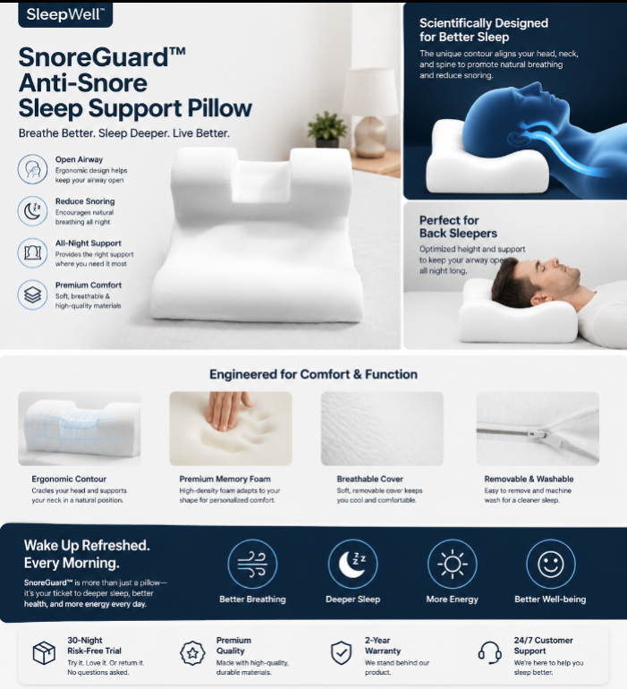 SleepWell™ Anti-Snore Sleep Support Pillow – Ergonomic Memory Foam for Quiet, Restful Sleep