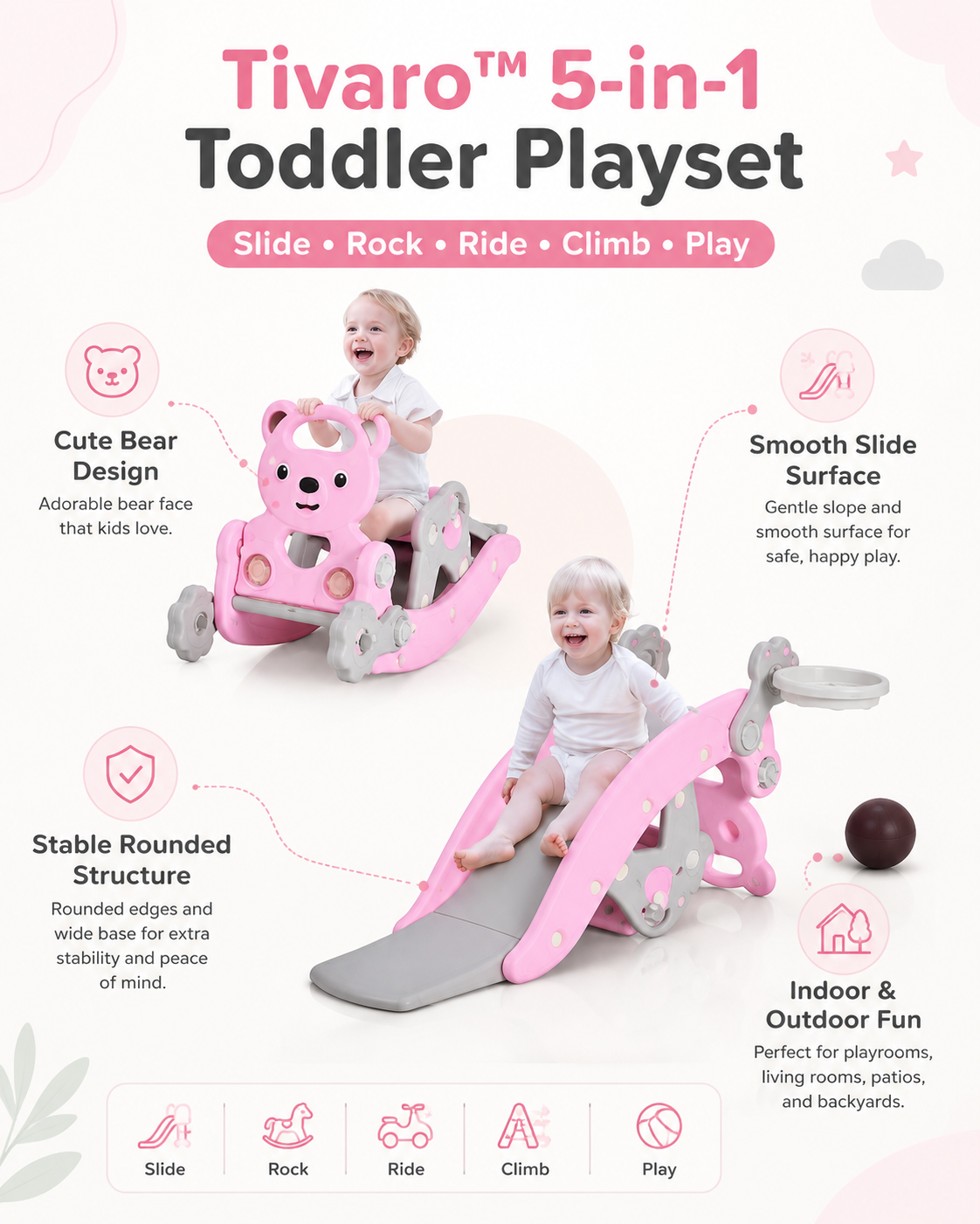 Tivaro™ 5-in-1 Toddler Slide & Rocking Climber – Indoor Outdoor Activity Playset for Ages 1–5