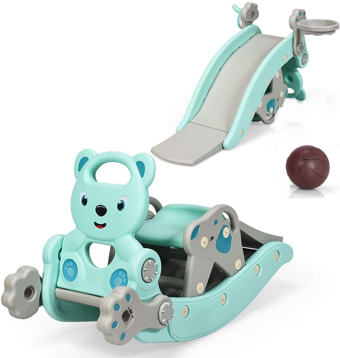 Tovimora™ 5-in-1 Kids Slide and Rocking Toy – Foldable Toddler Climber with Basketball Hoop and Ring Toss