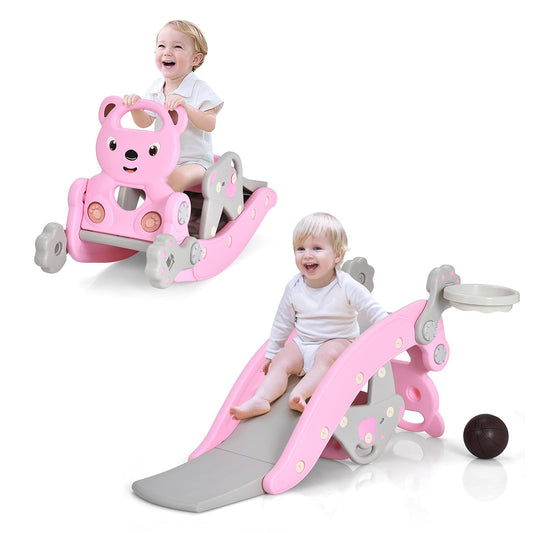 Tovimora™ 5-in-1 Kids Slide and Rocking Toy – Foldable Toddler Climber with Basketball Hoop and Ring Toss